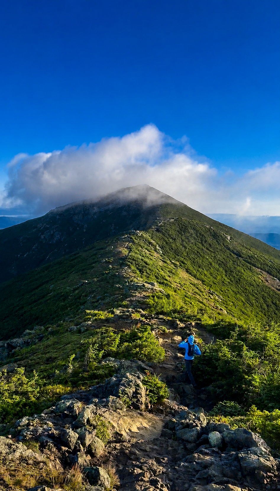 Hiker following a sunlit mountain ridge into low clouds