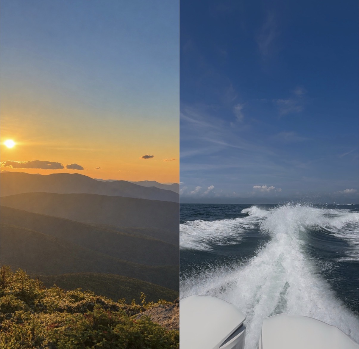 Original split photograph: golden sunset over layered mountain ridgelines on the left, deep blue ocean and breaking boat wake on the right